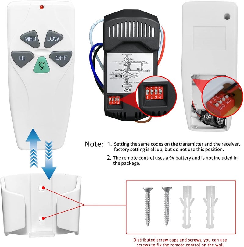 Aubric 2 Pack Universal Ceiling Fan Remote Control Kits with Light Dimmer 3 Speed Fan Controller Receiver Lamp Dim Remote Replacement for Hampton Bay/Hunter/Harbor Breeze/Westinghouse/Honeywell & More - Image 3